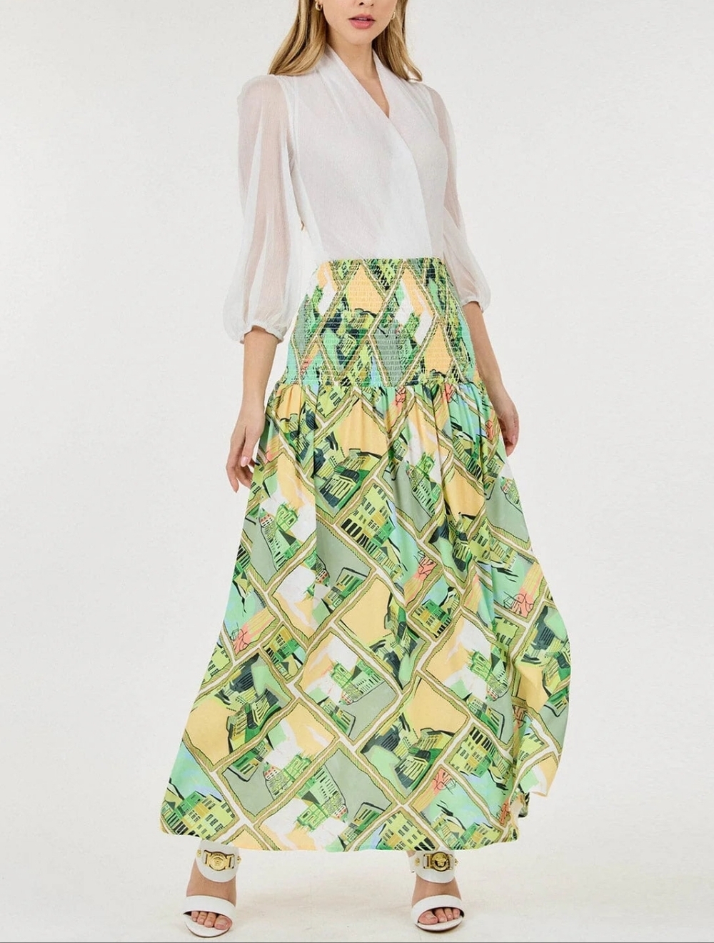 Smock‎ Waist Floral Maxi Skirt Green